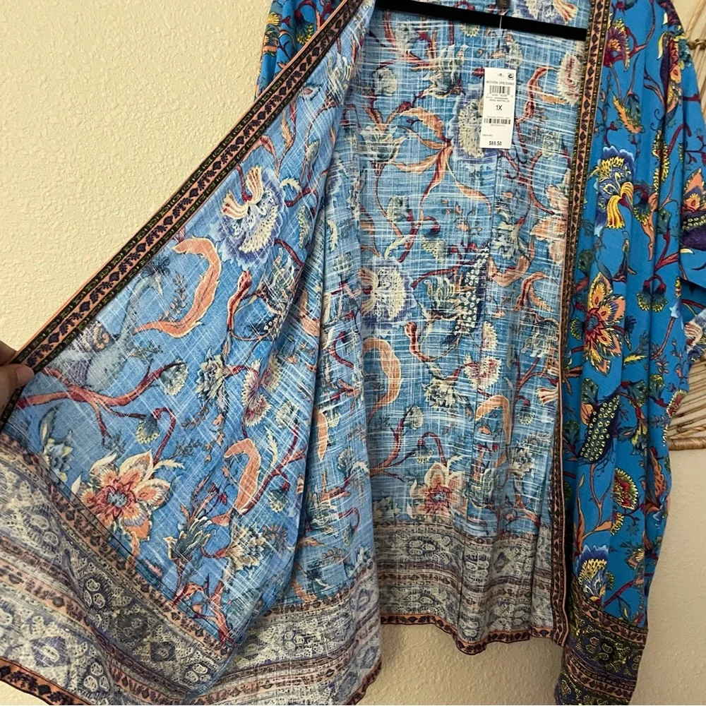JM Collection Open Front Kimono‎ Cardigan Linen Blend Jacquard Print Sz 1X B33